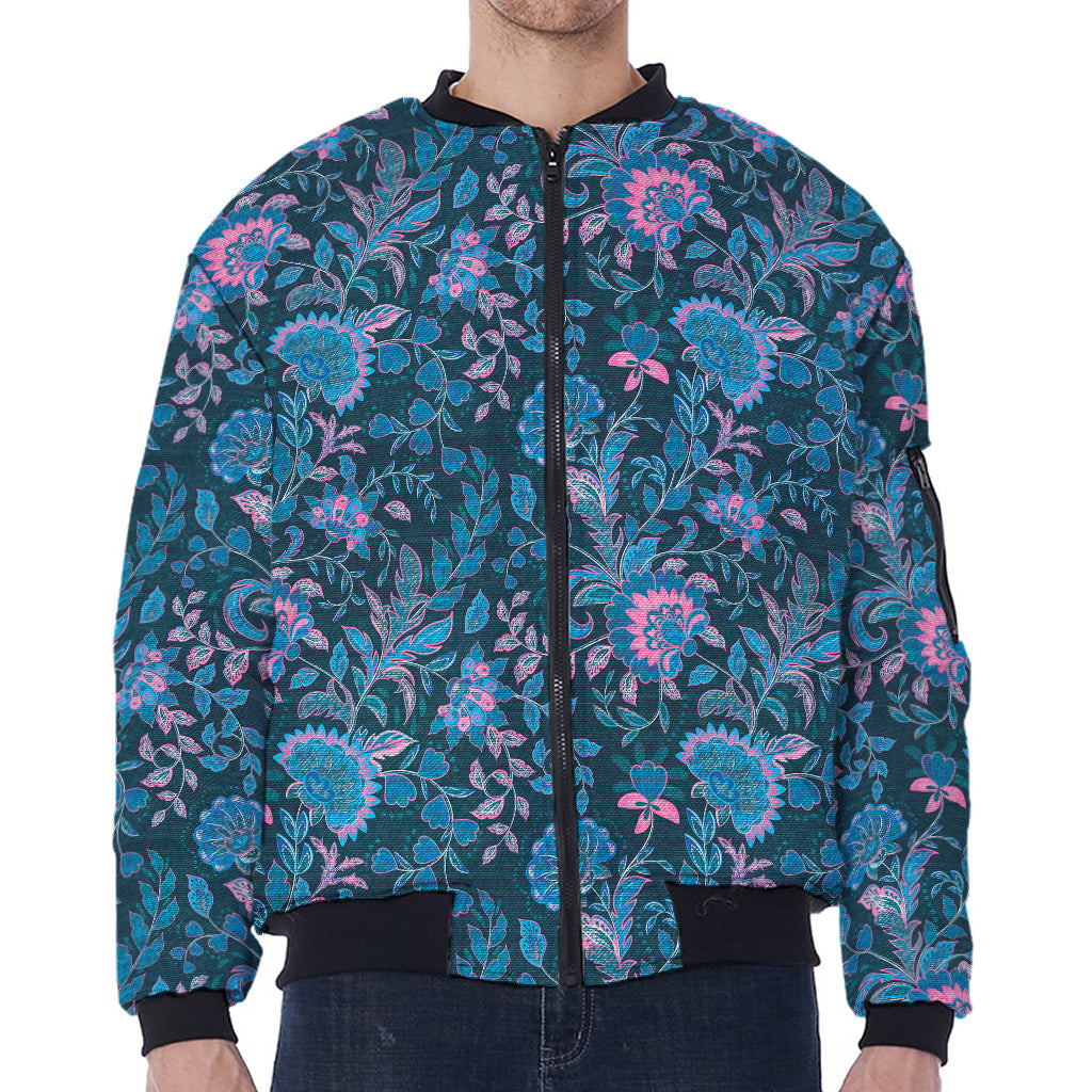 Bohemian Denim Jeans Pattern Print Zip Sleeve Bomber Jacket