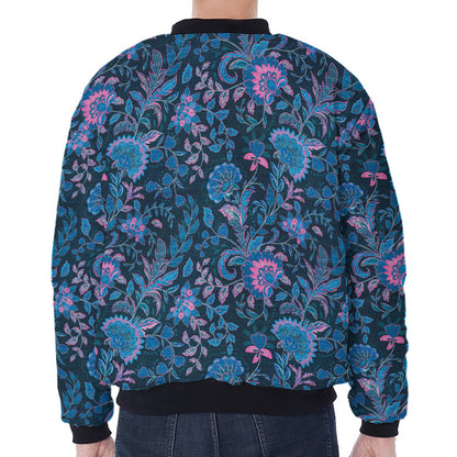 Bohemian Denim Jeans Pattern Print Zip Sleeve Bomber Jacket