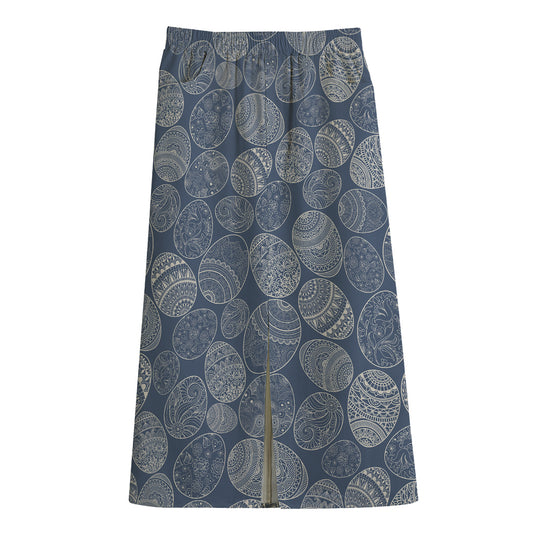 Bohemian Easter Eggs Pattern Print Cotton Front Slit Maxi Skirt