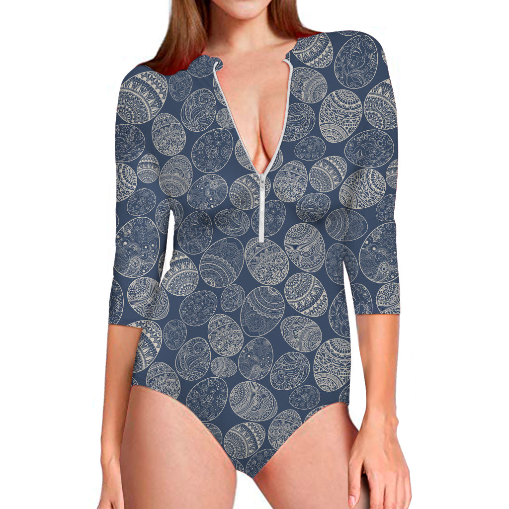 Bohemian Easter Eggs Pattern Print Long Sleeve Swimsuit