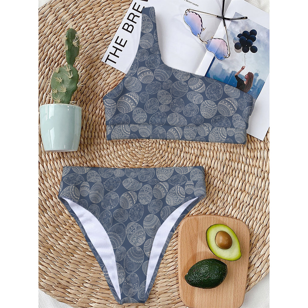 Bohemian Easter Eggs Pattern Print One Shoulder Bikini Top