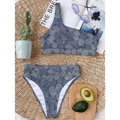 Bohemian Easter Eggs Pattern Print One Shoulder Bikini Top