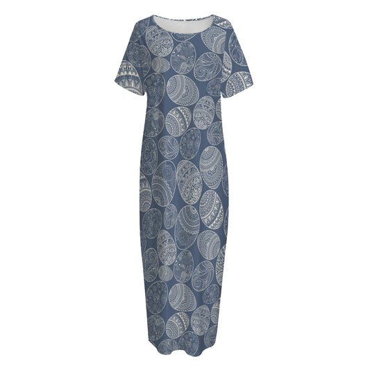 Bohemian Easter Eggs Pattern Print Short Sleeve Long Nightdress