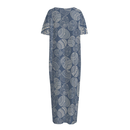 Bohemian Easter Eggs Pattern Print Short Sleeve Long Nightdress