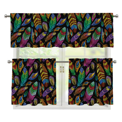 Bohemian Feather Pattern Print 3 Piece Kitchen Curtains