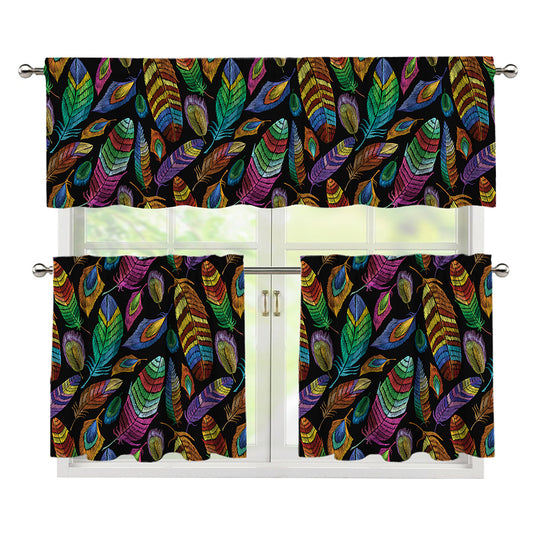 Bohemian Feather Pattern Print 3 Piece Kitchen Curtains