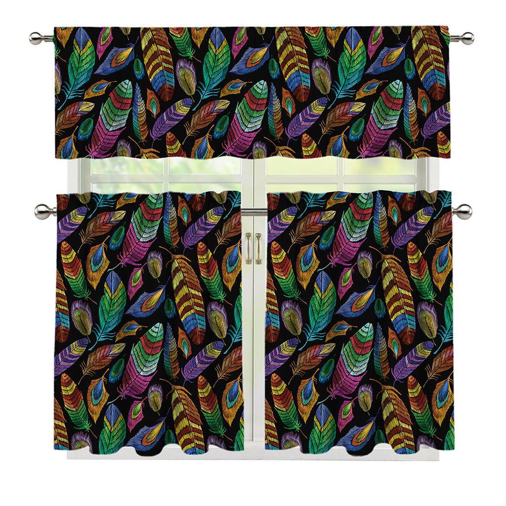 Bohemian Feather Pattern Print 3 Piece Kitchen Curtains