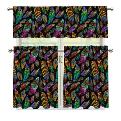 Bohemian Feather Pattern Print 3 Piece Kitchen Curtains