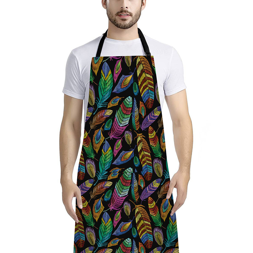 Bohemian Feather Pattern Print Bib Apron With Pocket