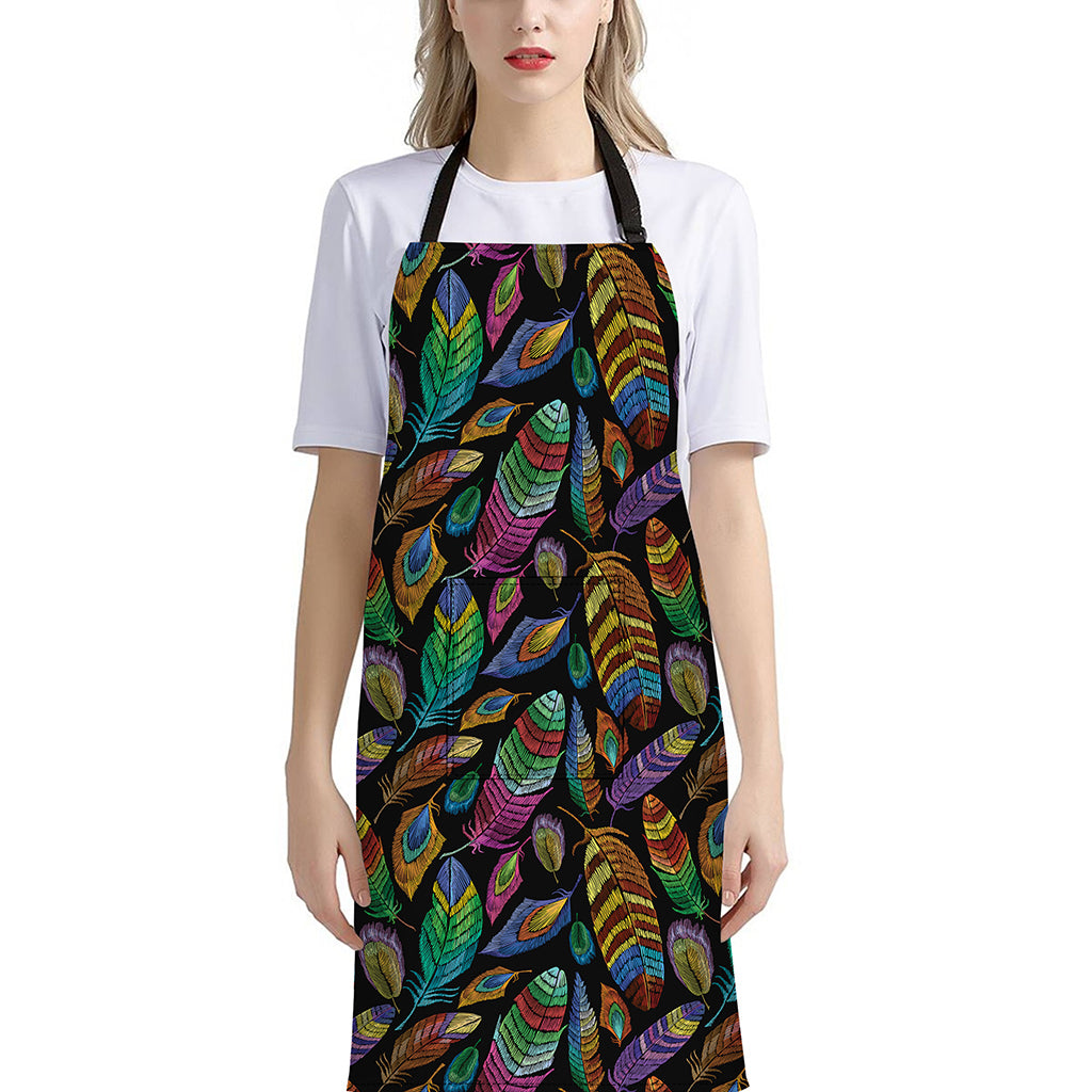 Bohemian Feather Pattern Print Bib Apron With Pocket