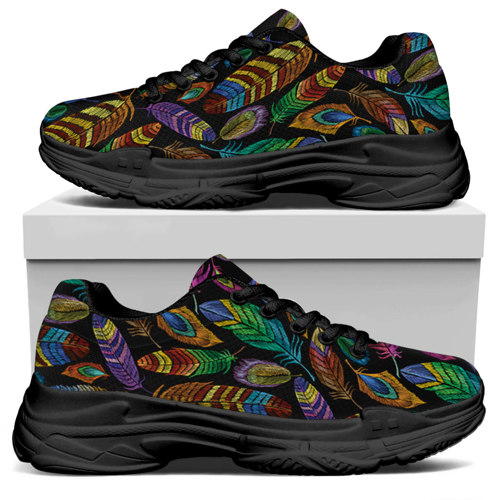 Bohemian Feather Pattern Print Black Chunky Shoes