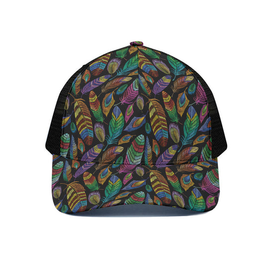 Bohemian Feather Pattern Print Black Mesh Trucker Cap