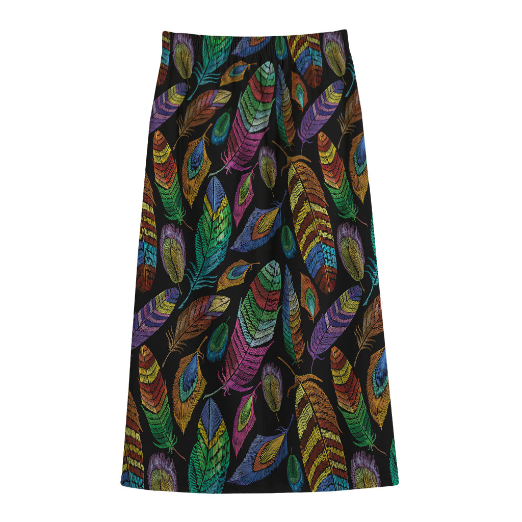 Bohemian Feather Pattern Print Cotton Front Slit Maxi Skirt