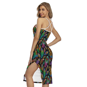 Bohemian Feather Pattern Print Cross Back Cami Dress