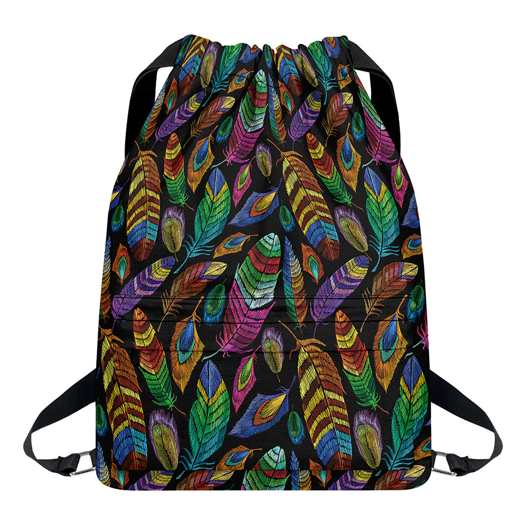 Bohemian Feather Pattern Print Drawstring Backpack