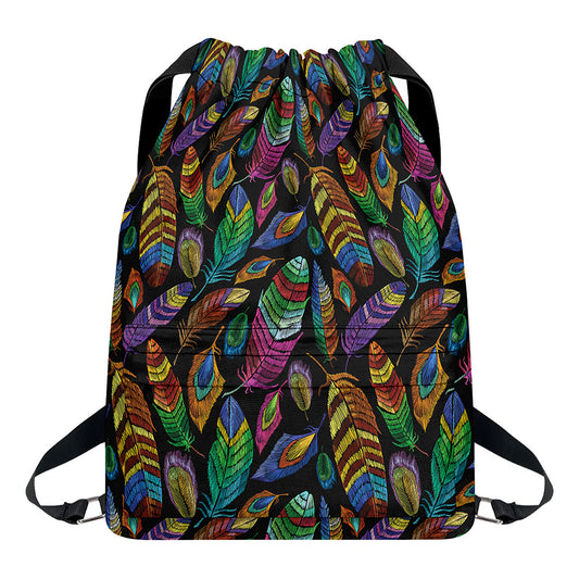 Bohemian Feather Pattern Print Drawstring Backpack