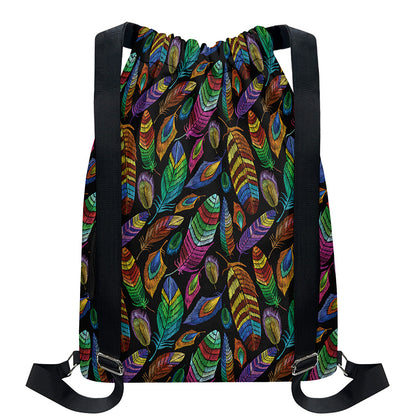 Bohemian Feather Pattern Print Drawstring Backpack