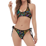 Bohemian Feather Pattern Print Halter Scoop Tie Side Bikini