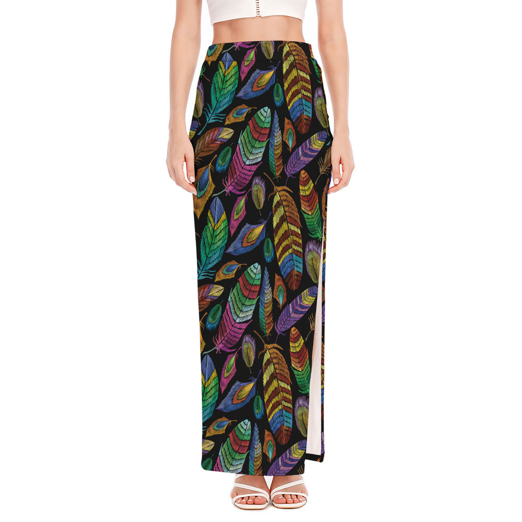 Bohemian Feather Pattern Print High Slit Maxi Skirt