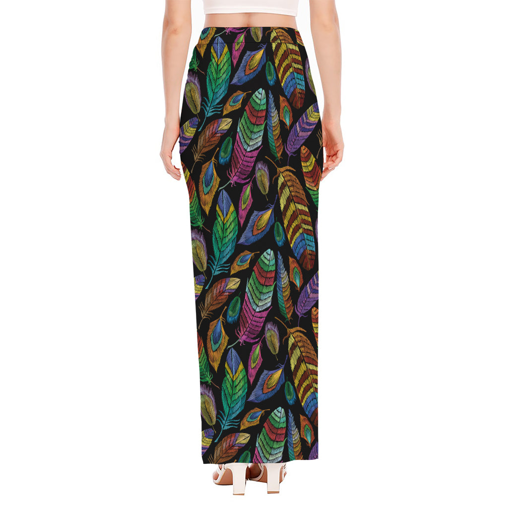 Bohemian Feather Pattern Print High Slit Maxi Skirt