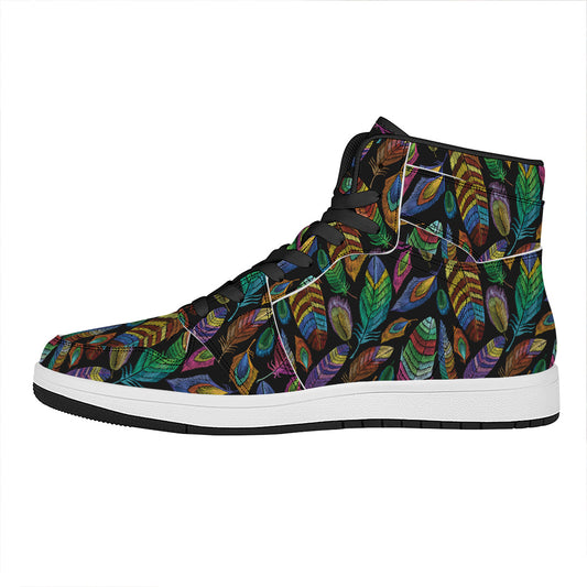 Bohemian Feather Pattern Print High Top Leather Sneakers