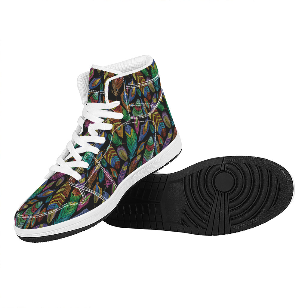 Bohemian Feather Pattern Print High Top Leather Sneakers