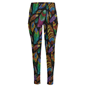 Bohemian Feather Pattern Print High-Waisted Pocket Leggings