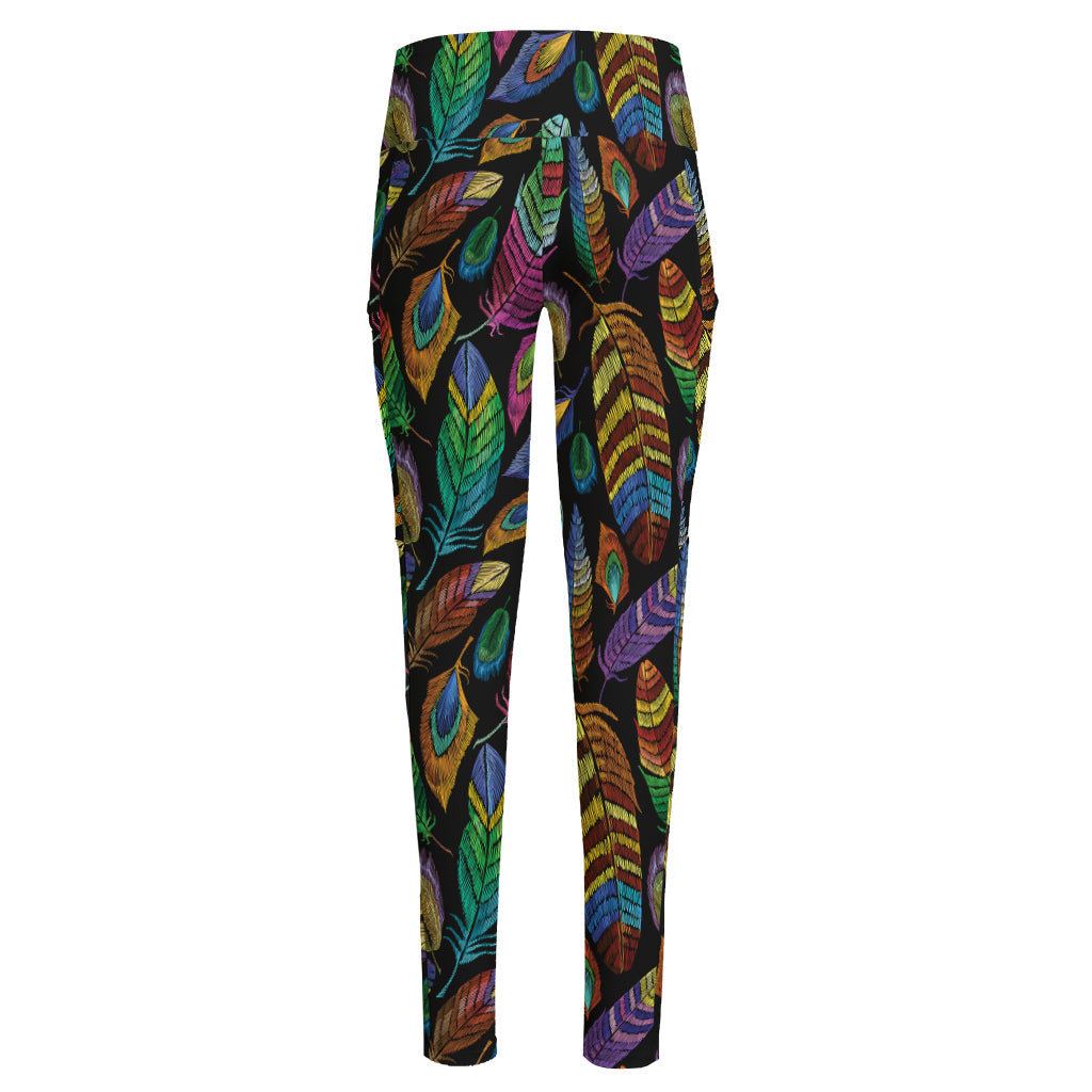 Bohemian Feather Pattern Print High-Waisted Pocket Leggings