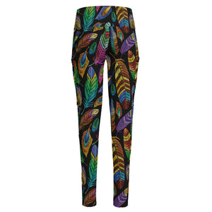 Bohemian Feather Pattern Print High-Waisted Pocket Leggings