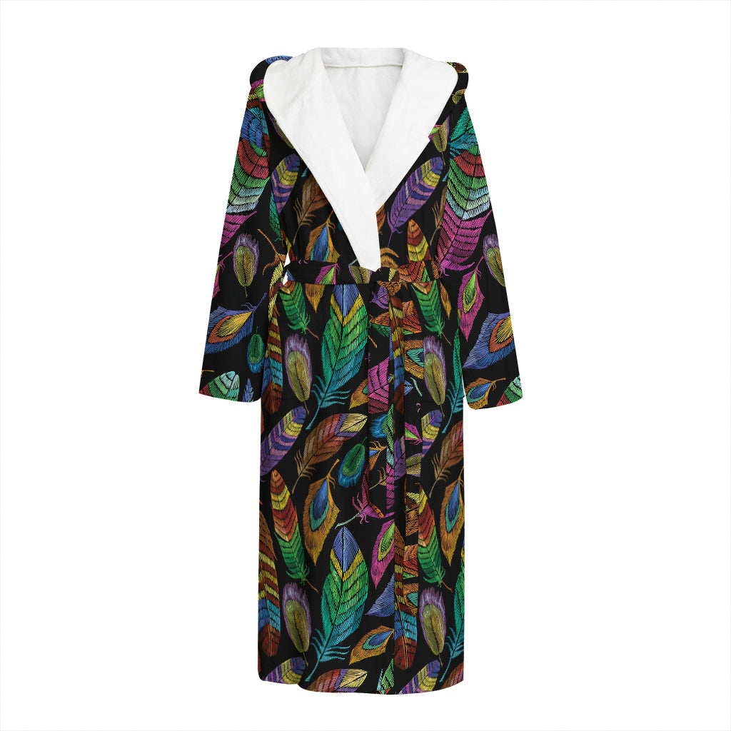 Bohemian Feather Pattern Print Hooded Bathrobe