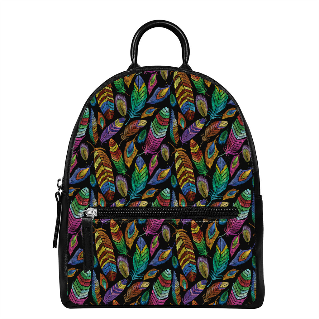 Bohemian Feather Pattern Print Leather Backpack