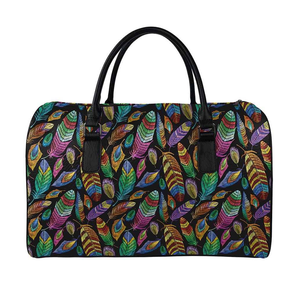 Bohemian Feather Pattern Print Leather Duffle Bag