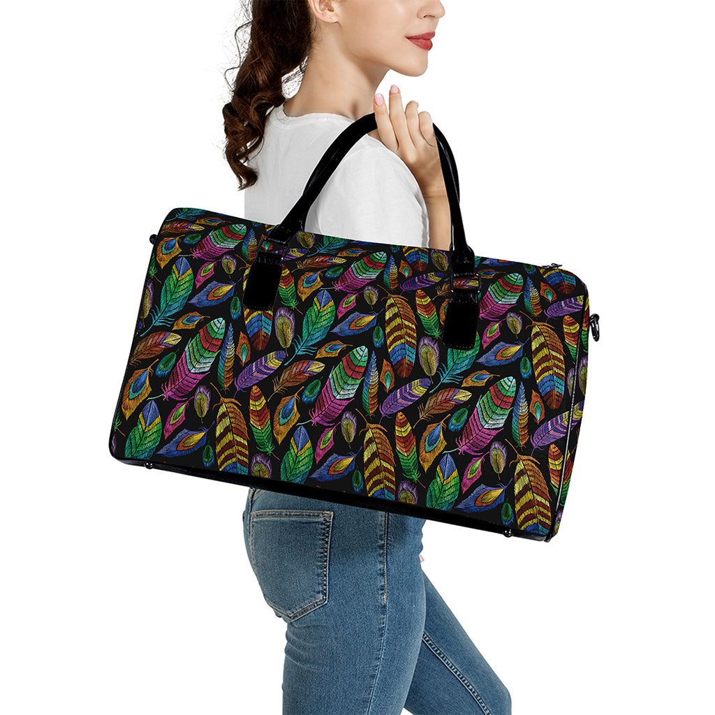 Bohemian Feather Pattern Print Leather Duffle Bag