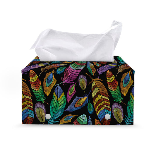 Bohemian Feather Pattern Print Leather Tissue Box Cover
