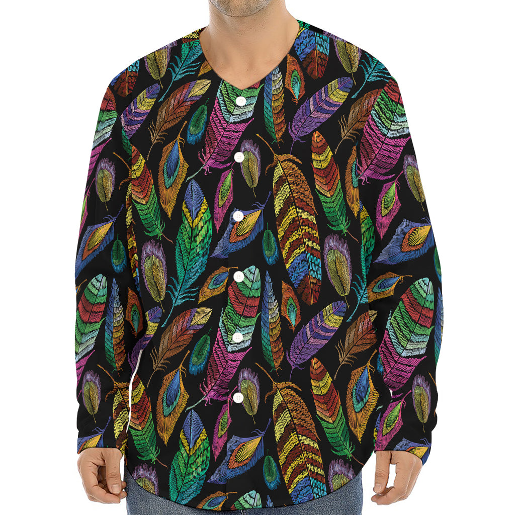 Bohemian Feather Pattern Print Long Sleeve Baseball Jersey