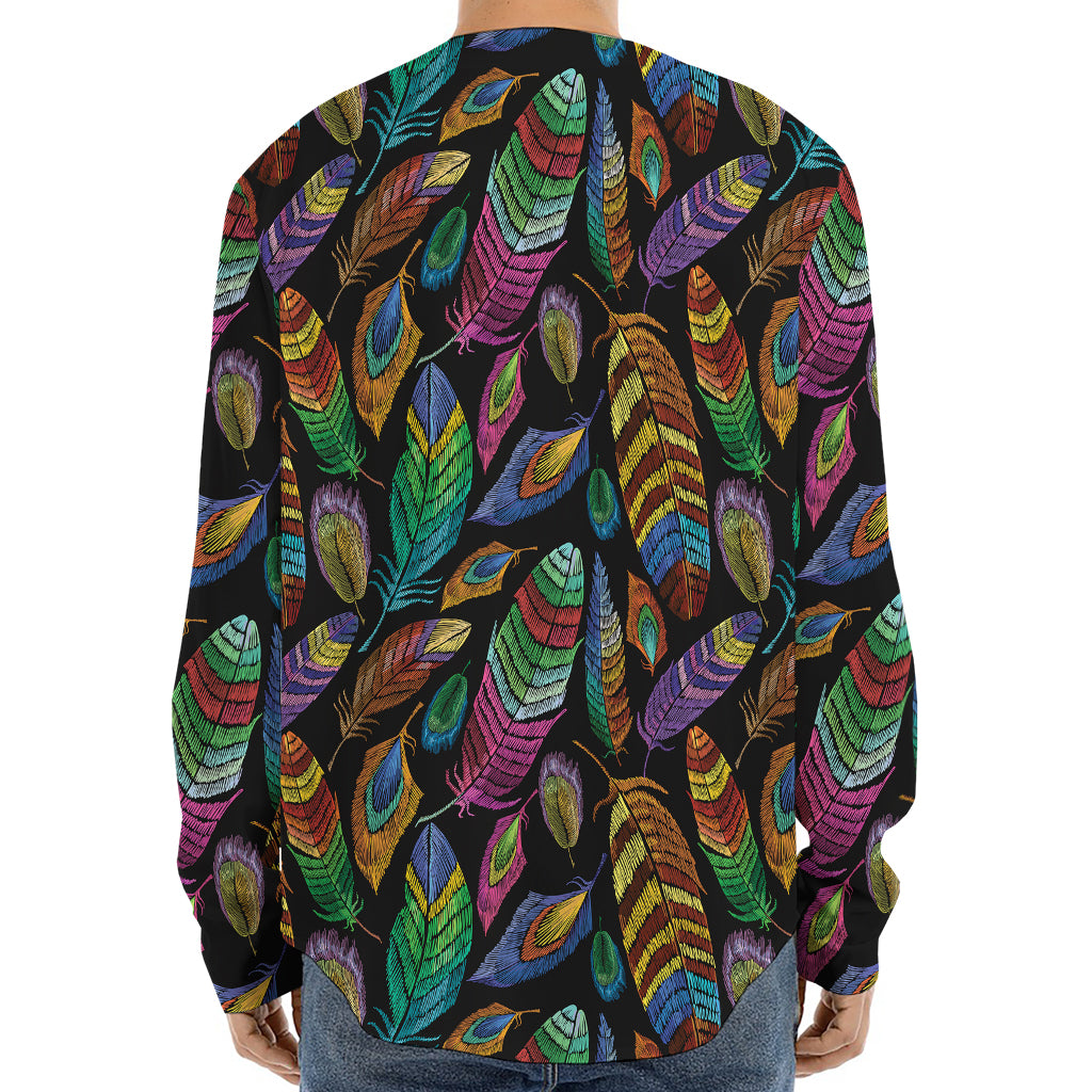 Bohemian Feather Pattern Print Long Sleeve Baseball Jersey