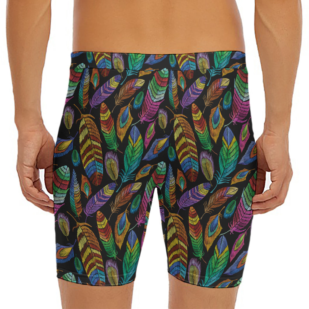 Bohemian Feather Pattern Print Men's Long Boxer Briefs