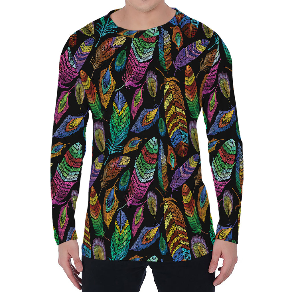 Bohemian Feather Pattern Print Men's Long Sleeve T-Shirt