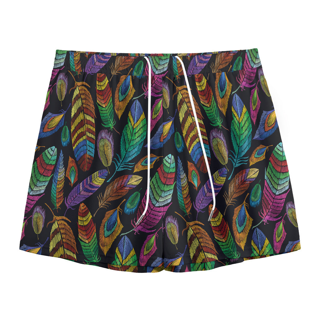 Bohemian Feather Pattern Print Mesh Shorts