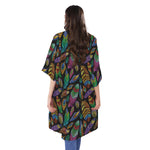 Bohemian Feather Pattern Print Open Front Beach Cover Up