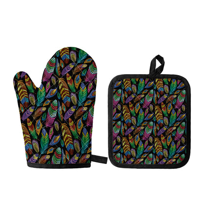 Bohemian Feather Pattern Print Oven Mitt And Pot Holder Set