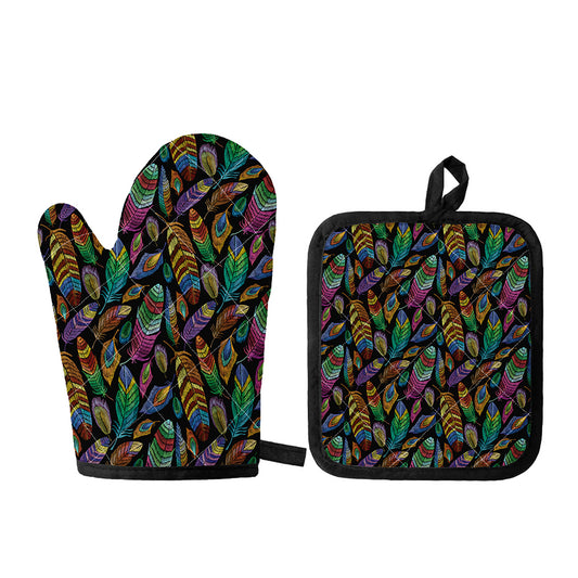 Bohemian Feather Pattern Print Oven Mitt And Pot Holder Set