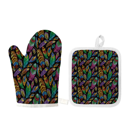Bohemian Feather Pattern Print Oven Mitt And Pot Holder Set