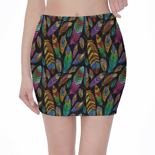 Bohemian Feather Pattern Print Pencil Mini Skirt