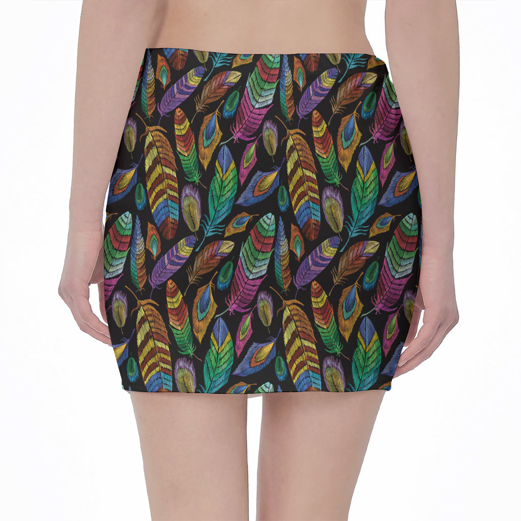 Bohemian Feather Pattern Print Pencil Mini Skirt