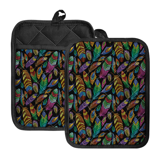Bohemian Feather Pattern Print Pot Holders With Pocket