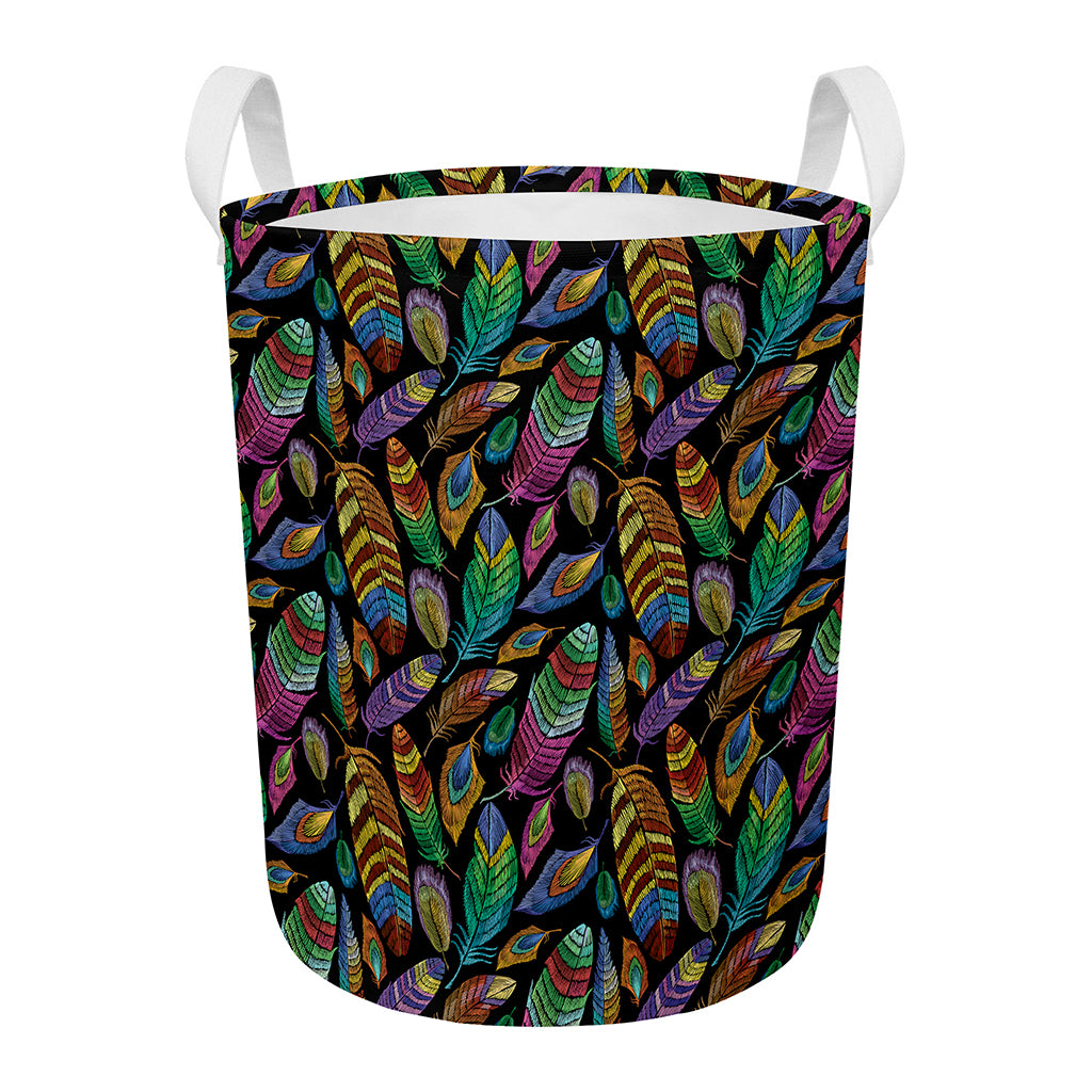 Bohemian Feather Pattern Print Round Laundry Basket