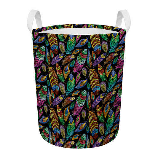 Bohemian Feather Pattern Print Round Laundry Basket