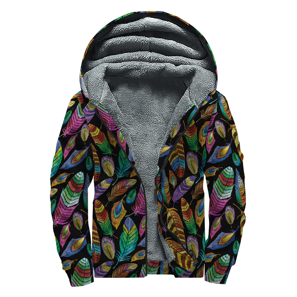 Bohemian Feather Pattern Print Sherpa Lined Zip Up Hoodie