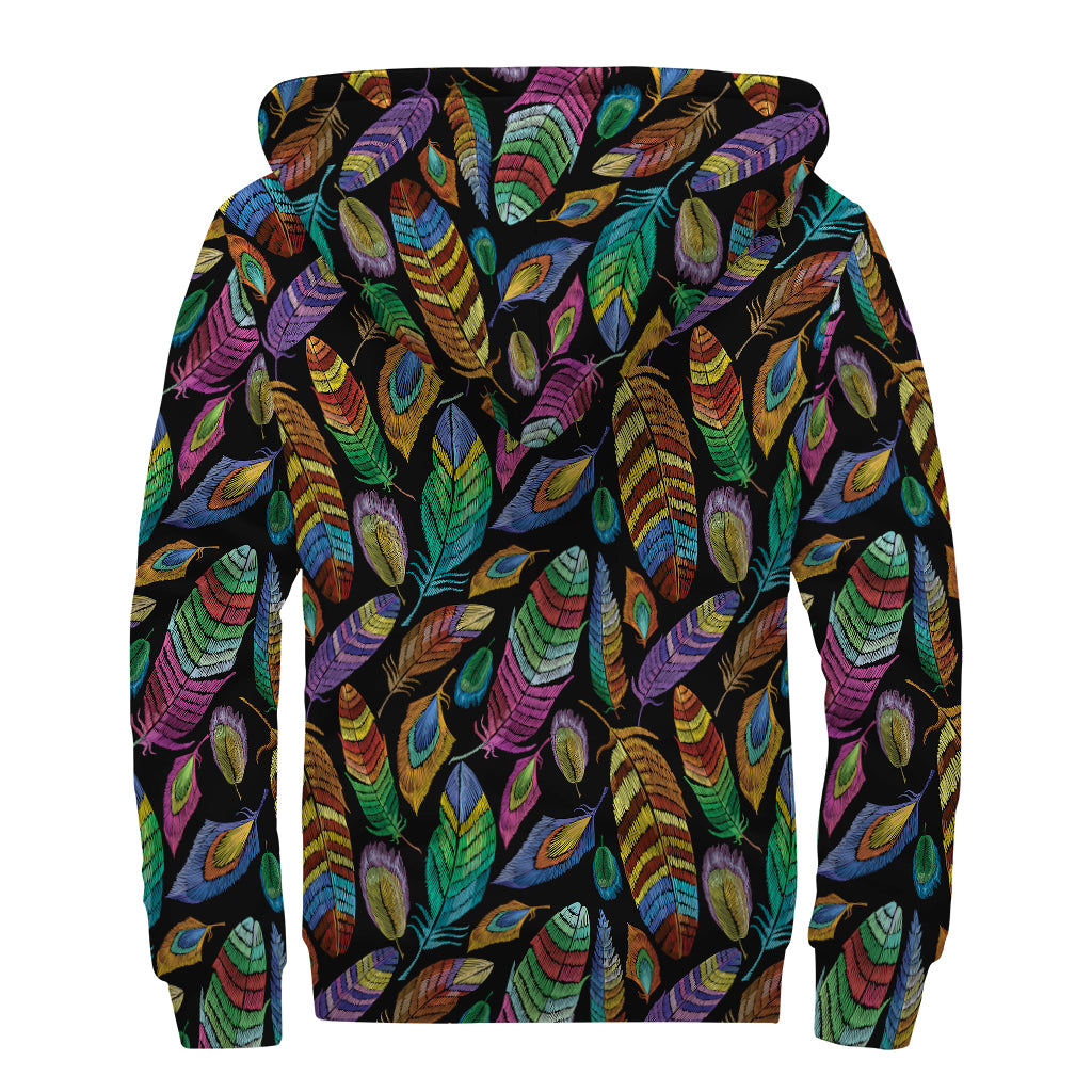 Bohemian Feather Pattern Print Sherpa Lined Zip Up Hoodie